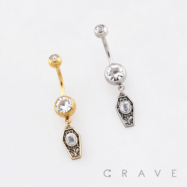 ORNATE FILIGREE COFFIN CHARM WITH SPIDERWEB DETAILING BELLY BUTTON NAVEL RING 316L SURGICAL STEEL